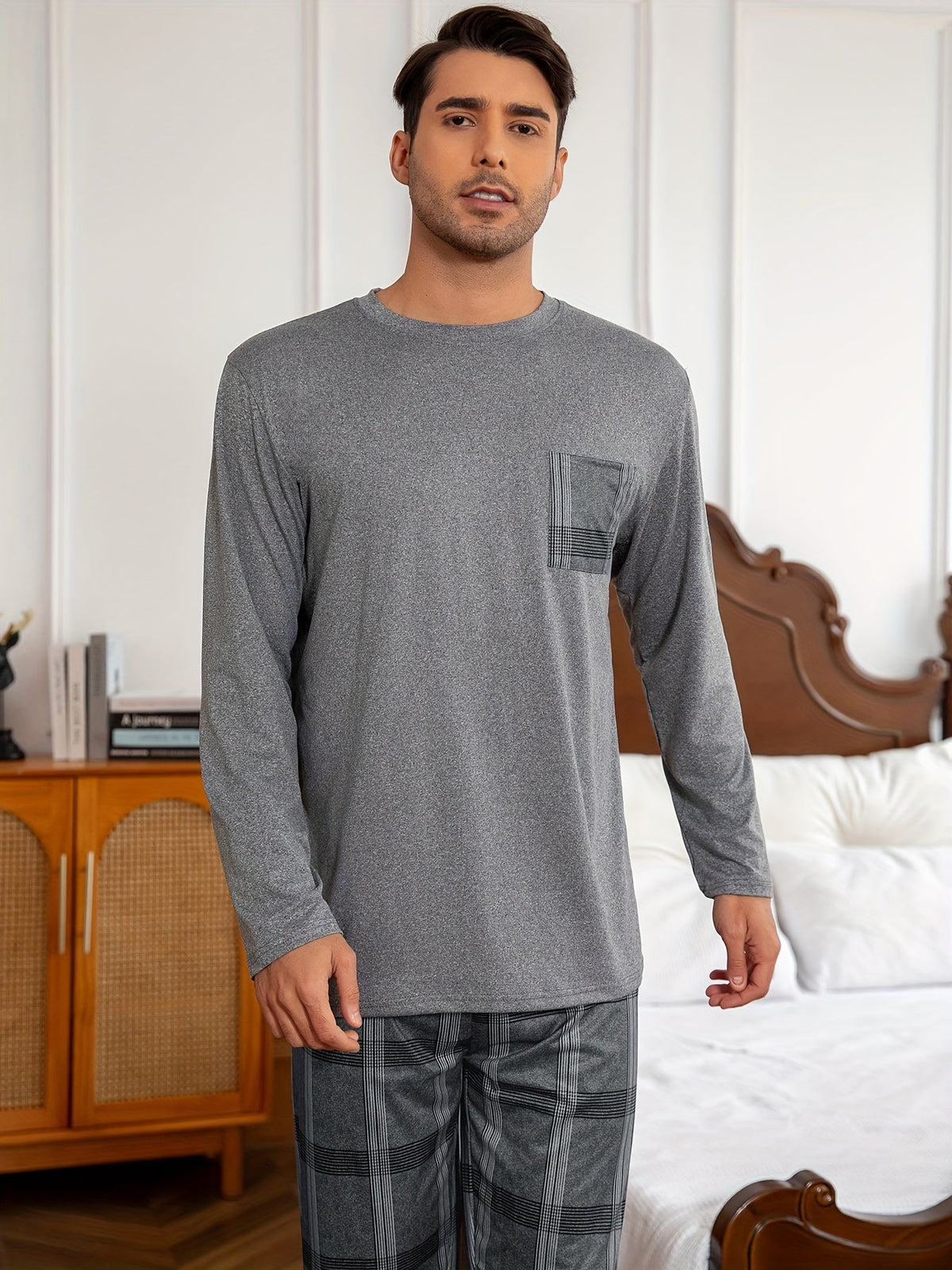 Men's Pajama Set Long Sleeve Top & Plaid Pants Gray 2-Piece Loungewear – Sleepwear, Home Comfort
