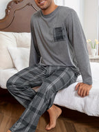 Men's Pajama Set Long Sleeve Top & Plaid Pants Gray 2-Piece Loungewear – Sleepwear, Home Comfort