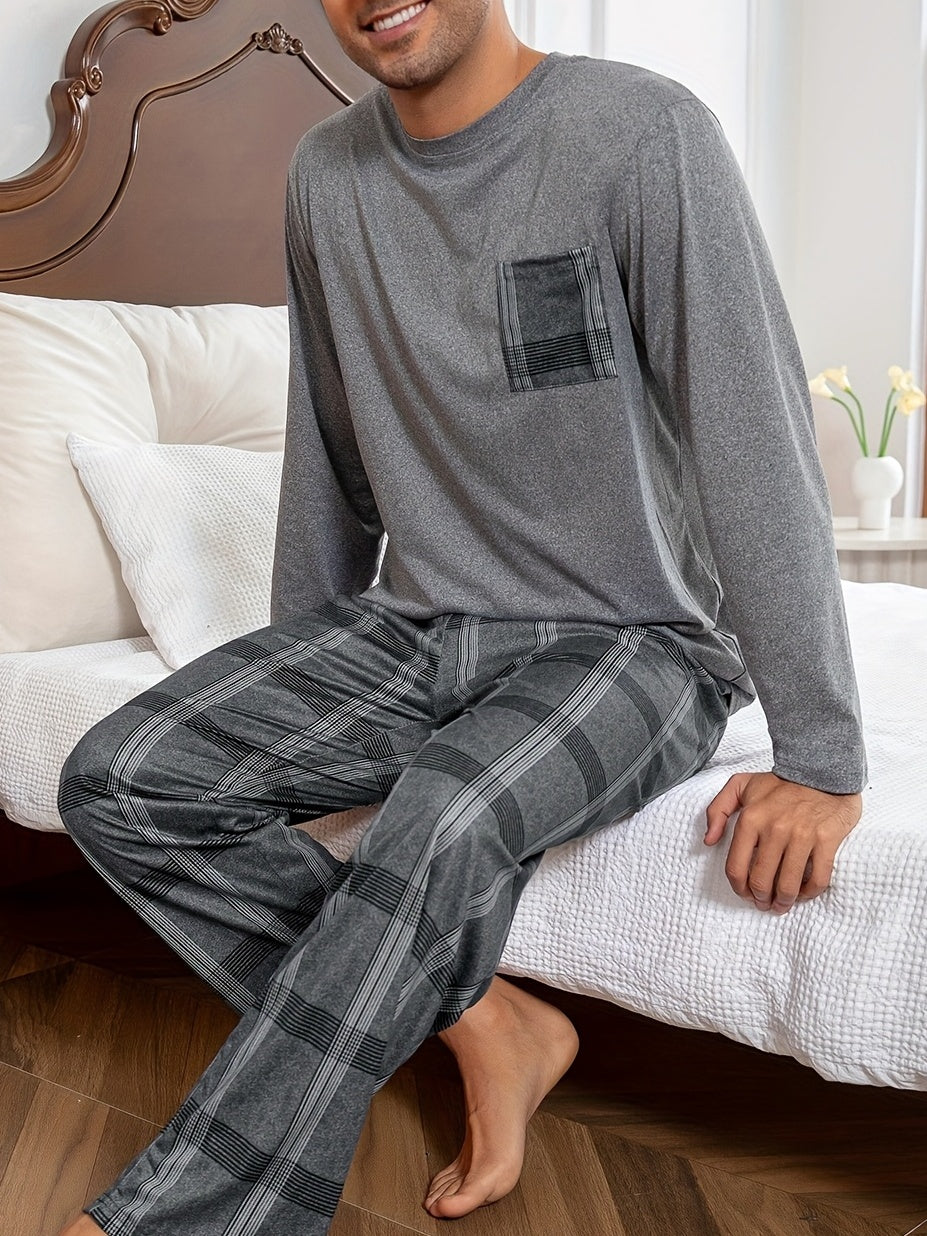 Men's Pajama Set Long Sleeve Top & Plaid Pants Gray 2-Piece Loungewear – Sleepwear, Home Comfort