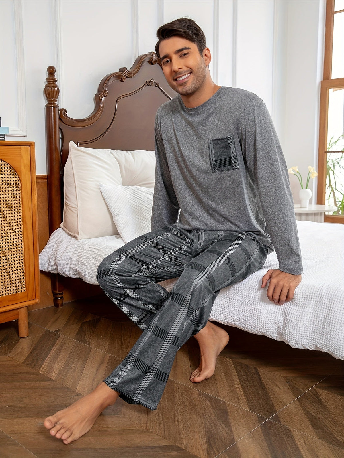 Men's Pajama Set Long Sleeve Top & Plaid Pants Gray 2-Piece Loungewear – Sleepwear, Home Comfort