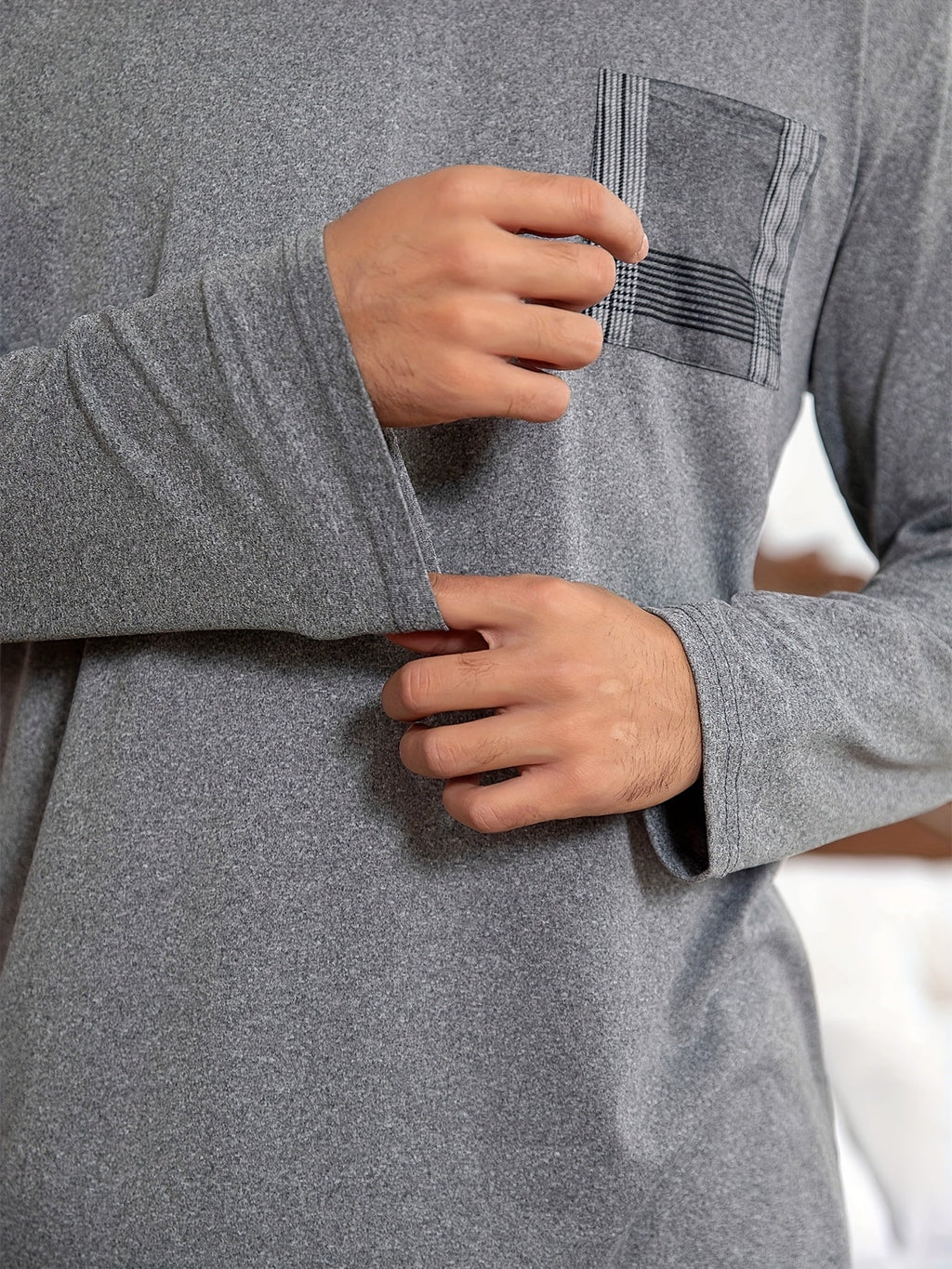 Men's Pajama Set Long Sleeve Top & Plaid Pants Gray 2-Piece Loungewear – Sleepwear, Home Comfort