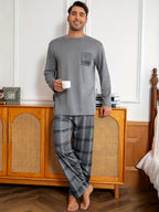 Men's Pajama Set Long Sleeve Top & Plaid Pants Gray 2-Piece Loungewear – Sleepwear, Home Comfort