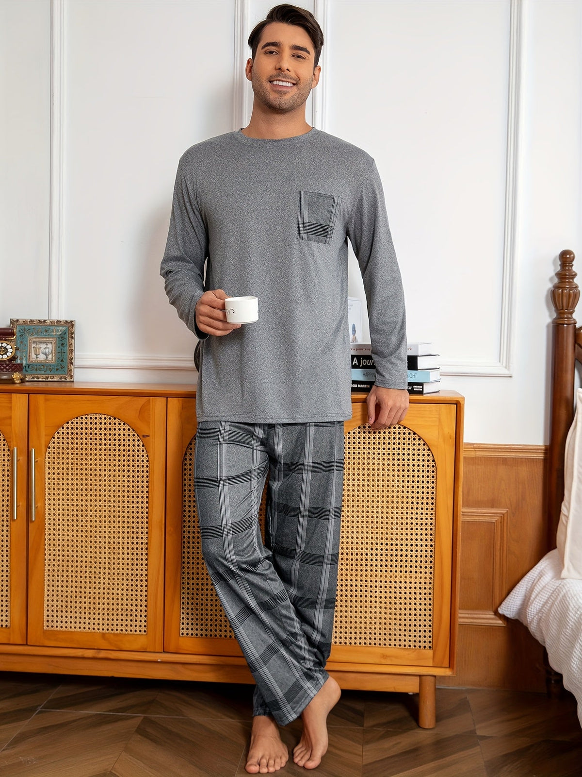 Men's Pajama Set Long Sleeve Top & Plaid Pants Gray 2-Piece Loungewear – Sleepwear, Home Comfort