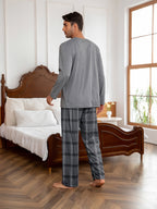 Men's Pajama Set Long Sleeve Top & Plaid Pants Gray 2-Piece Loungewear – Sleepwear, Home Comfort