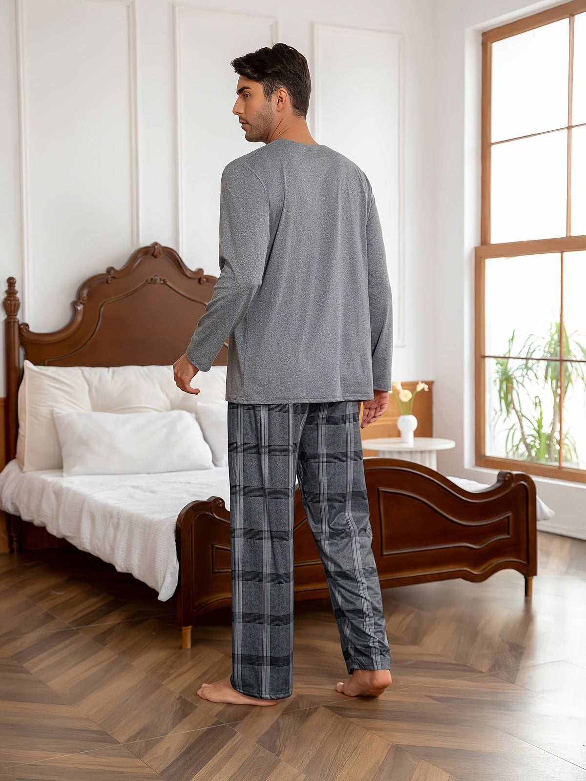 Men's Pajama Set Long Sleeve Top & Plaid Pants Gray 2-Piece Loungewear – Sleepwear, Home Comfort