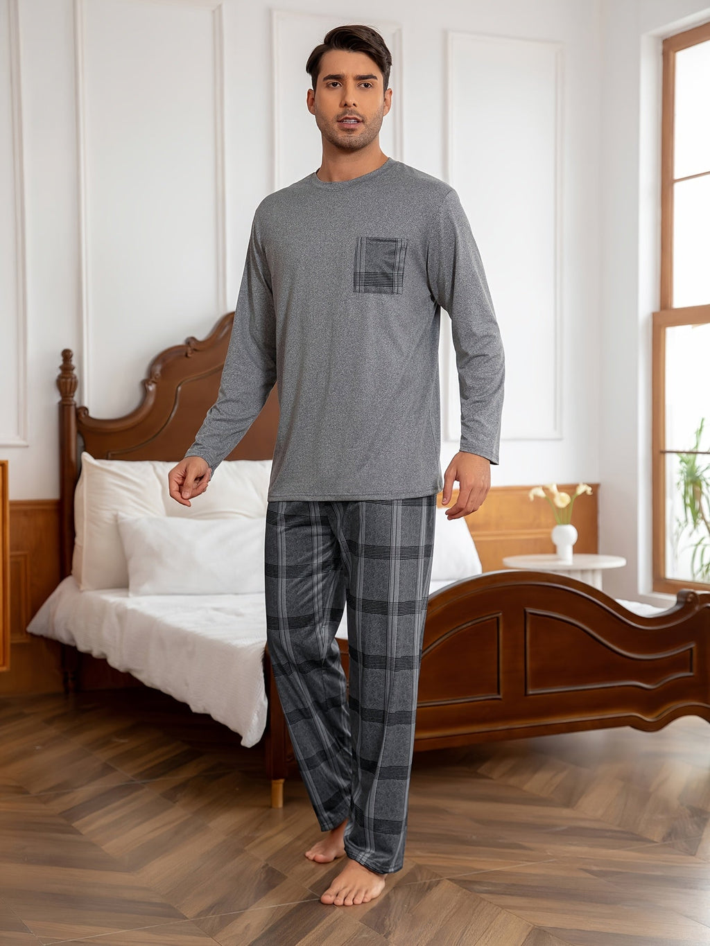 Men's Pajama Set Long Sleeve Top & Plaid Pants Gray 2-Piece Loungewear – Sleepwear, Home Comfort