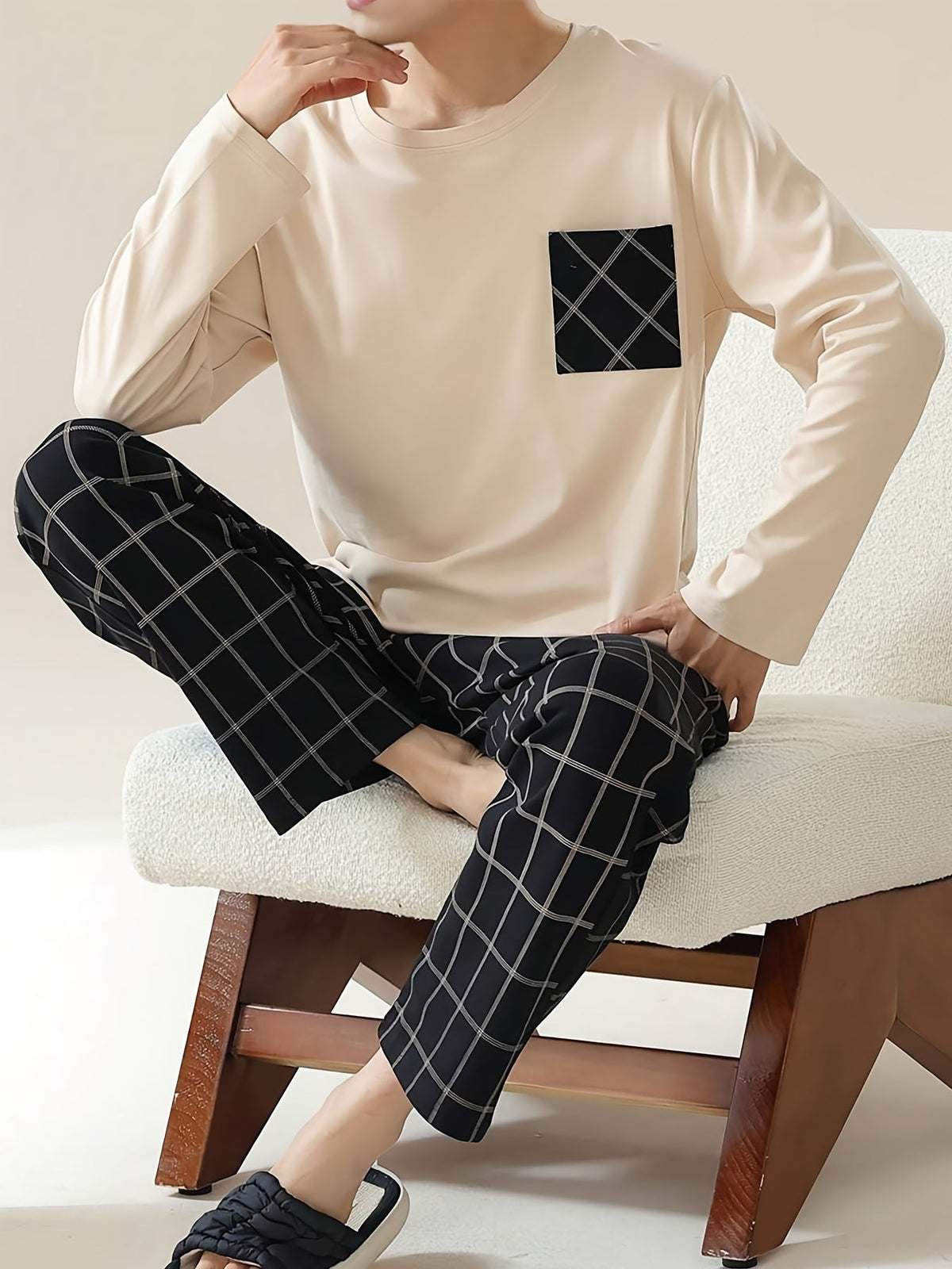 Men's Pajama Set Long Sleeve Top & Plaid Pants – Sleepwear, Loungewear, Casual Home Comfort, Gift