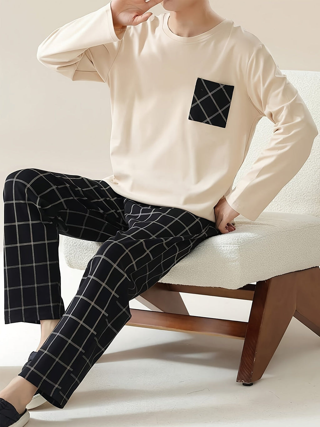 Men's Pajama Set Long Sleeve Top & Plaid Pants – Sleepwear, Loungewear, Casual Home Comfort, Gift