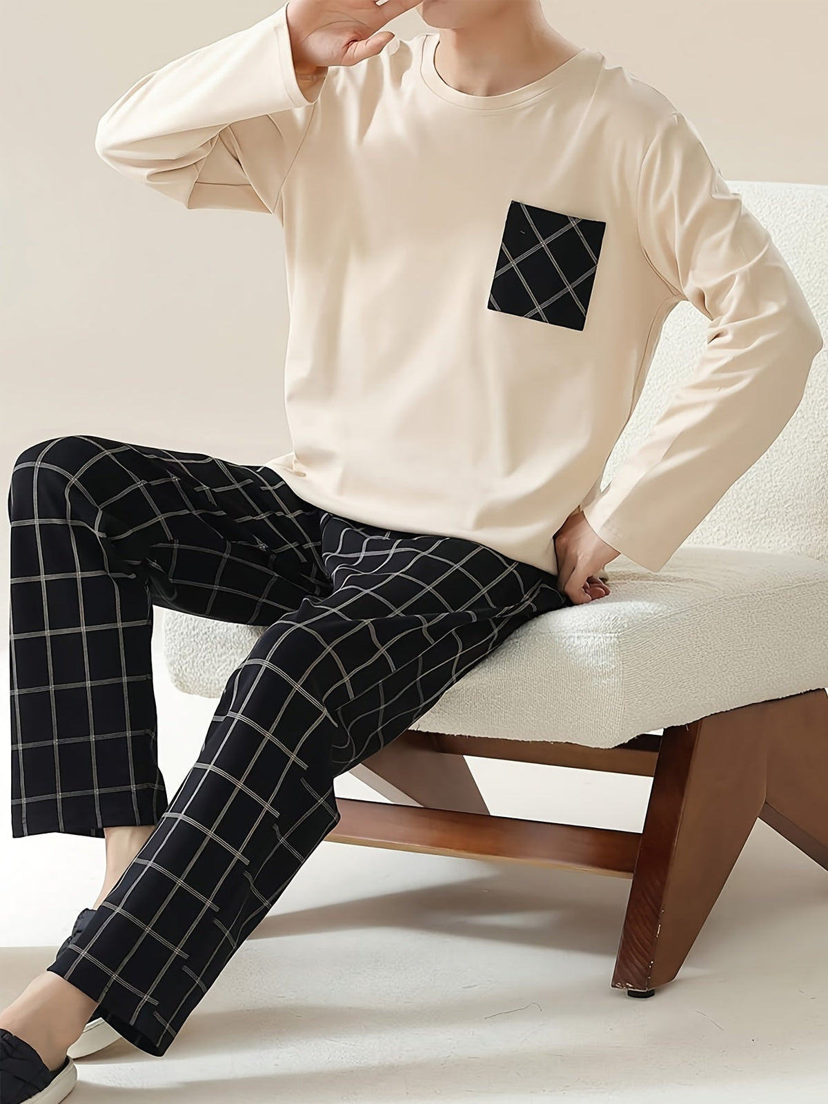Men's Pajama Set Long Sleeve Top & Plaid Pants – Sleepwear, Loungewear, Casual Home Comfort, Gift