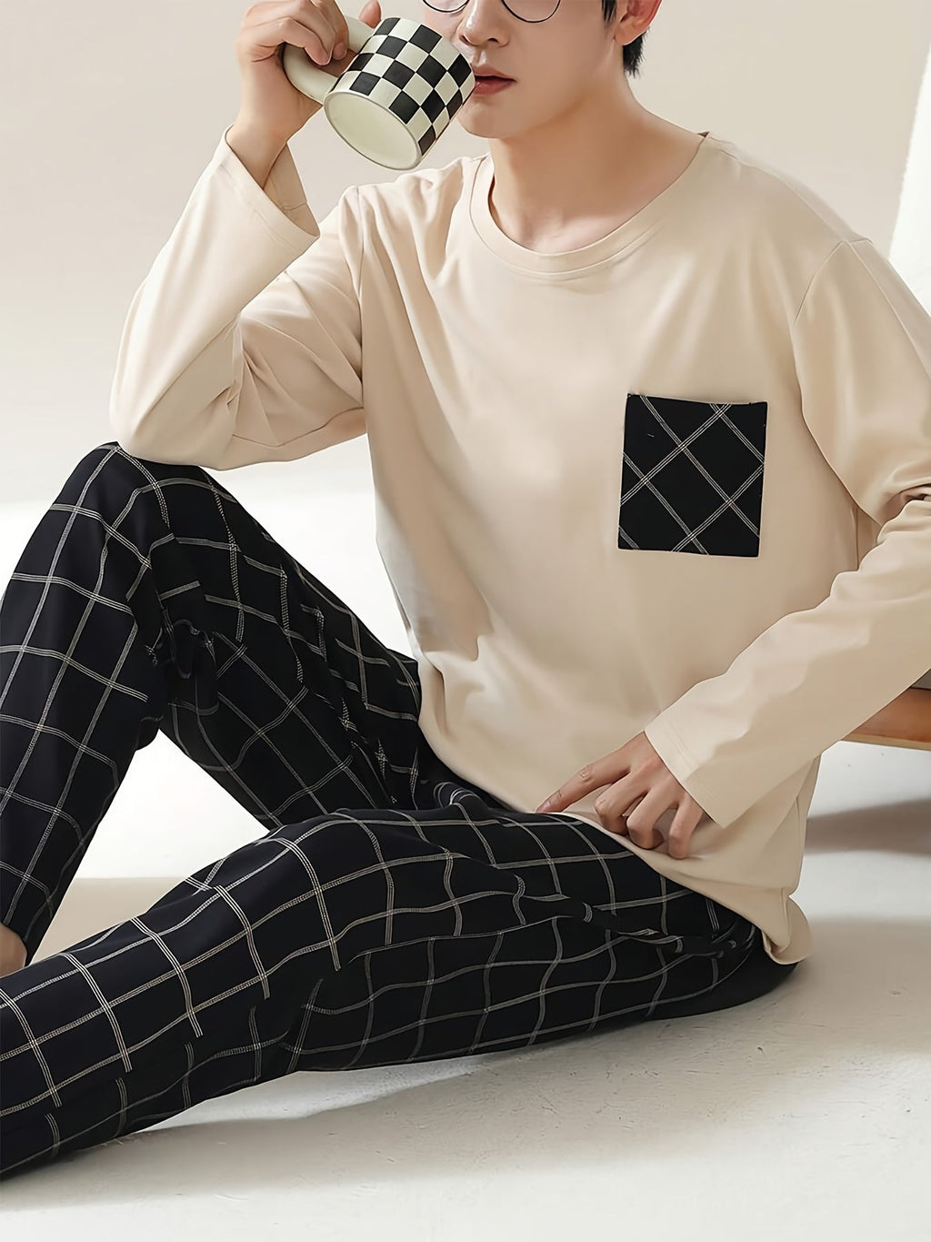 Men's Pajama Set Long Sleeve Top & Plaid Pants – Sleepwear, Loungewear, Casual Home Comfort, Gift