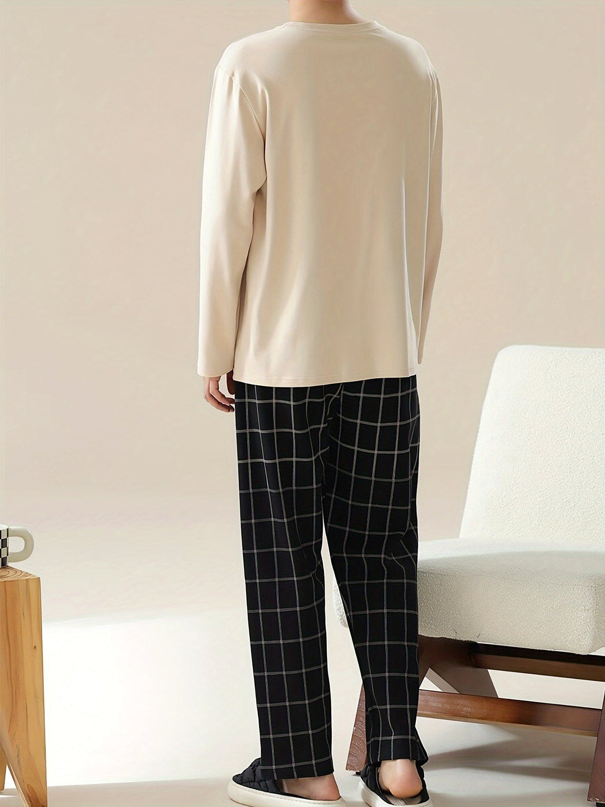 Men's Pajama Set Long Sleeve Top & Plaid Pants – Sleepwear, Loungewear, Casual Home Comfort, Gift