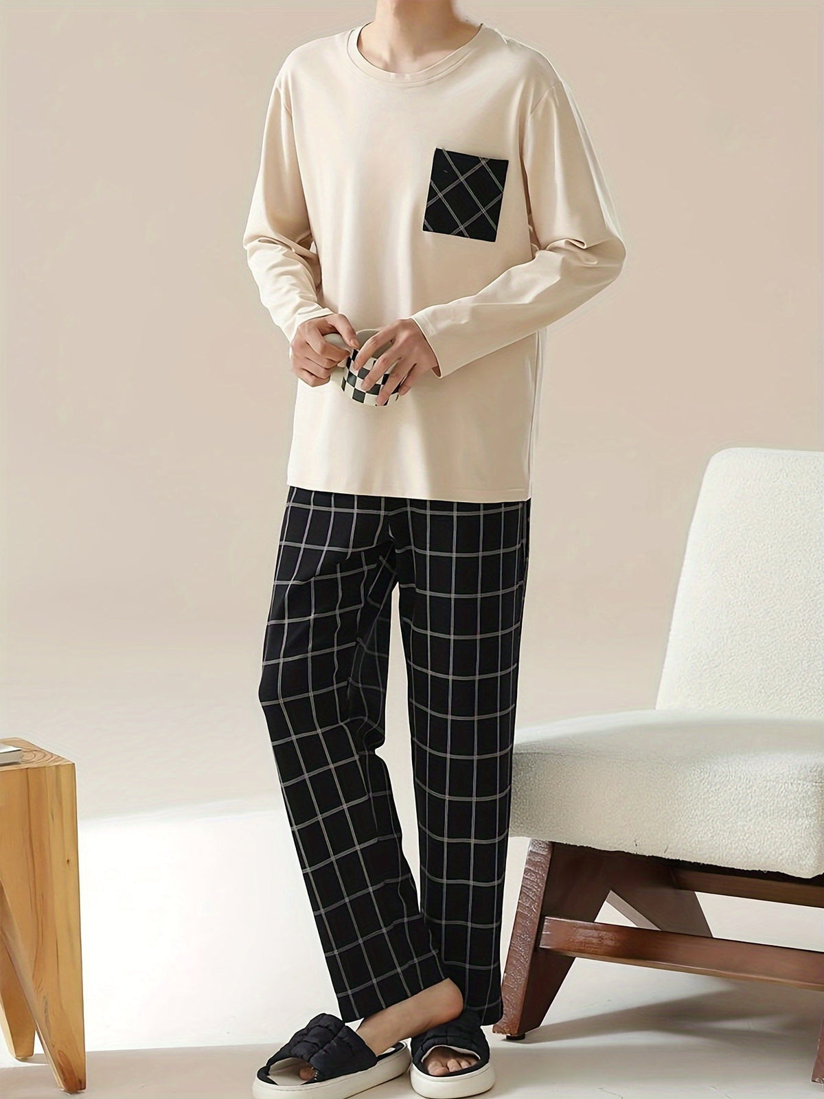 Men's Pajama Set Long Sleeve Top & Plaid Pants – Sleepwear, Loungewear, Casual Home Comfort, Gift