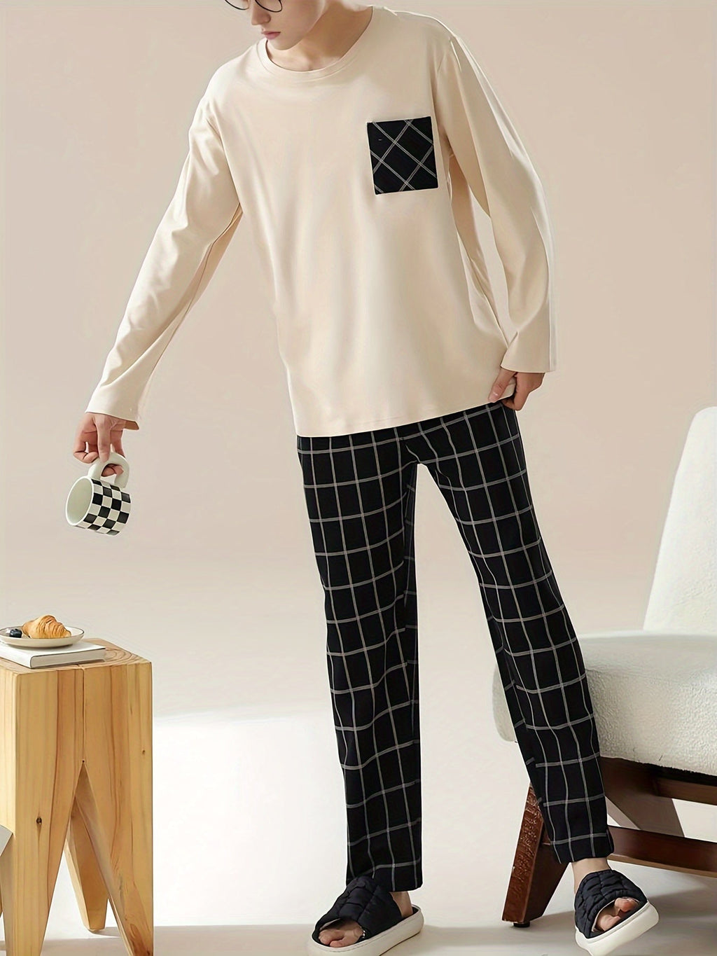 Men's Pajama Set Long Sleeve Top & Plaid Pants – Sleepwear, Loungewear, Casual Home Comfort, Gift