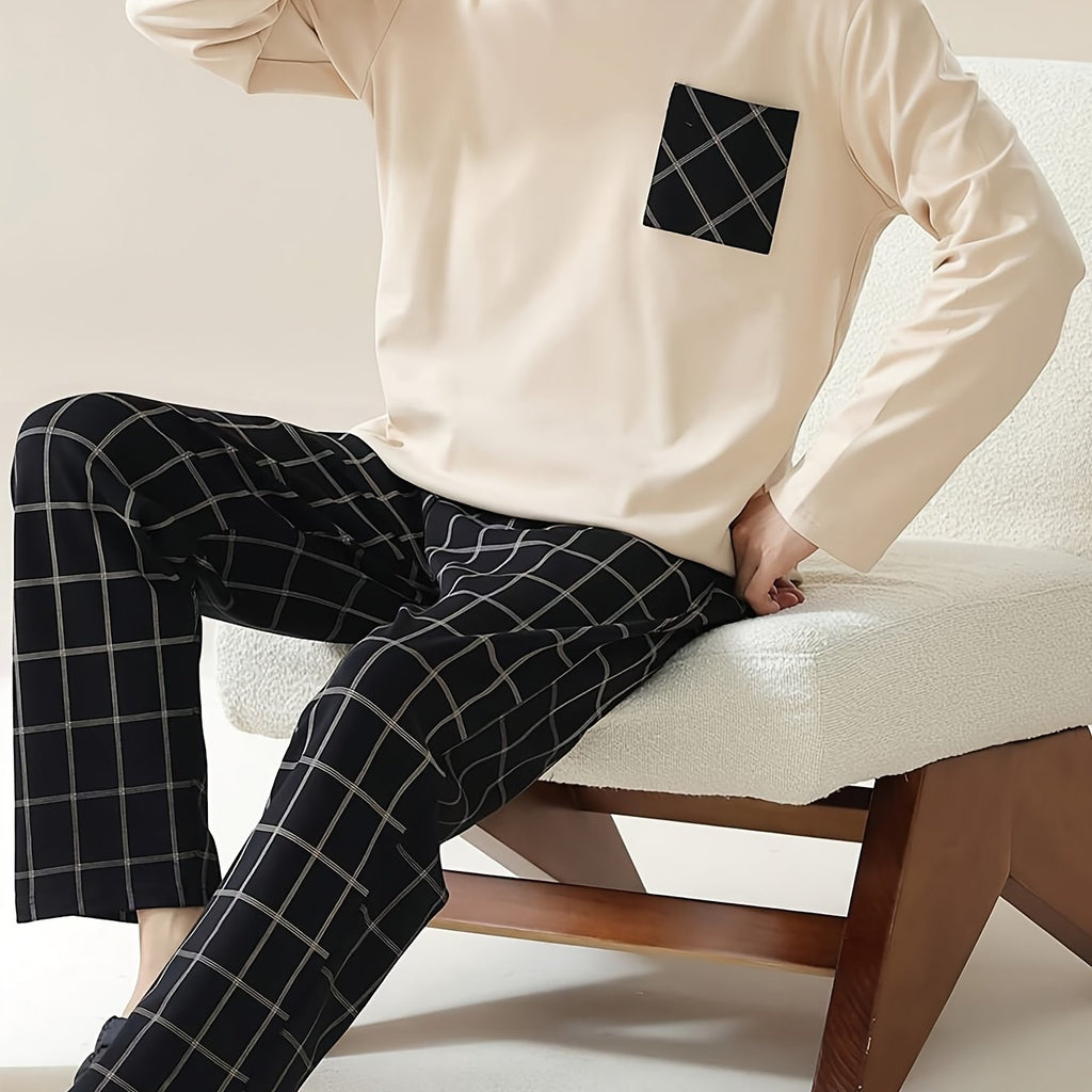 Men's Pajama Set Long Sleeve Top & Plaid Pants – Sleepwear, Loungewear, Casual Home Comfort, Gift