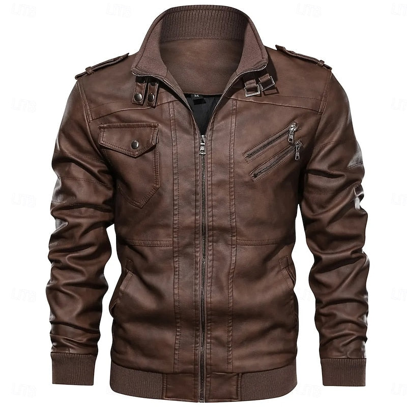 Men's PU Leather Biker Jacket Stand Collar Brown Moto Jacket – Casual, Motorcycle, Office, Gift