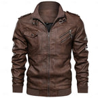 Men's PU Leather Biker Jacket Stand Collar Brown Moto Jacket – Casual, Motorcycle, Office, Gift