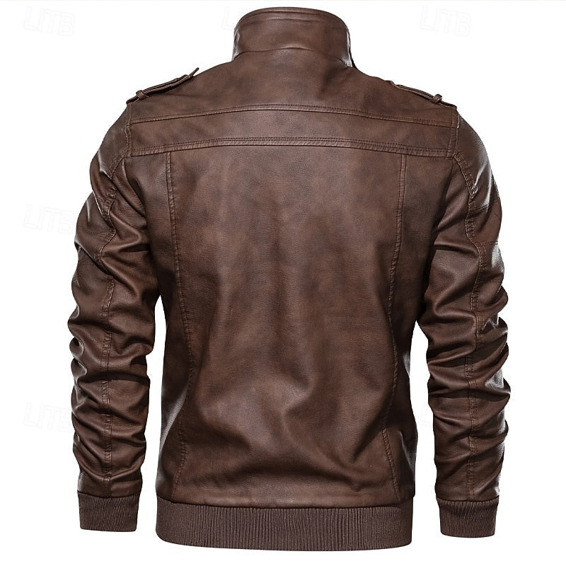 Men's PU Leather Biker Jacket Stand Collar Brown Moto Jacket – Casual, Motorcycle, Office, Gift