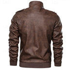 Men's PU Leather Biker Jacket Stand Collar Brown Moto Jacket – Casual, Motorcycle, Office, Gift