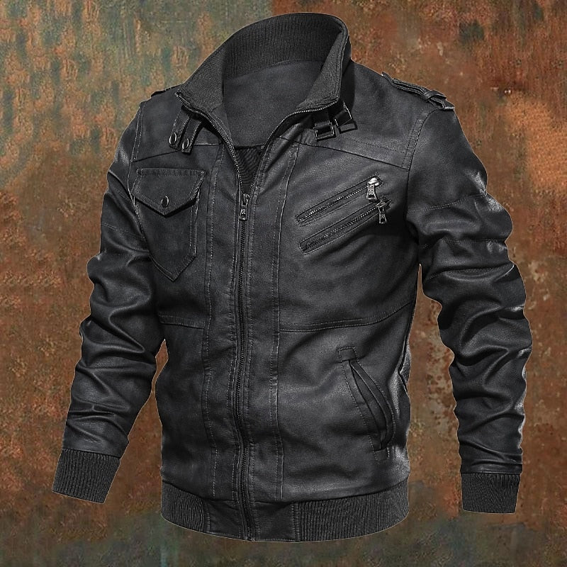 Men's PU Leather Biker Jacket Stand Collar Brown Moto Jacket – Casual, Motorcycle, Office, Gift