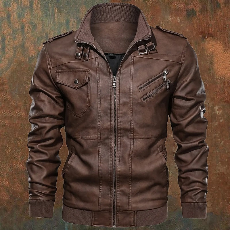 Men's PU Leather Biker Jacket Stand Collar Brown Moto Jacket – Casual, Motorcycle, Office, Gift
