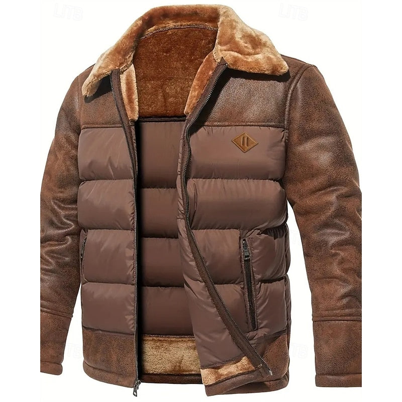 Men's Puffer Jacket Faux Fur Collar Brown Insulated Winter Coat – Casual, Holiday, Gift