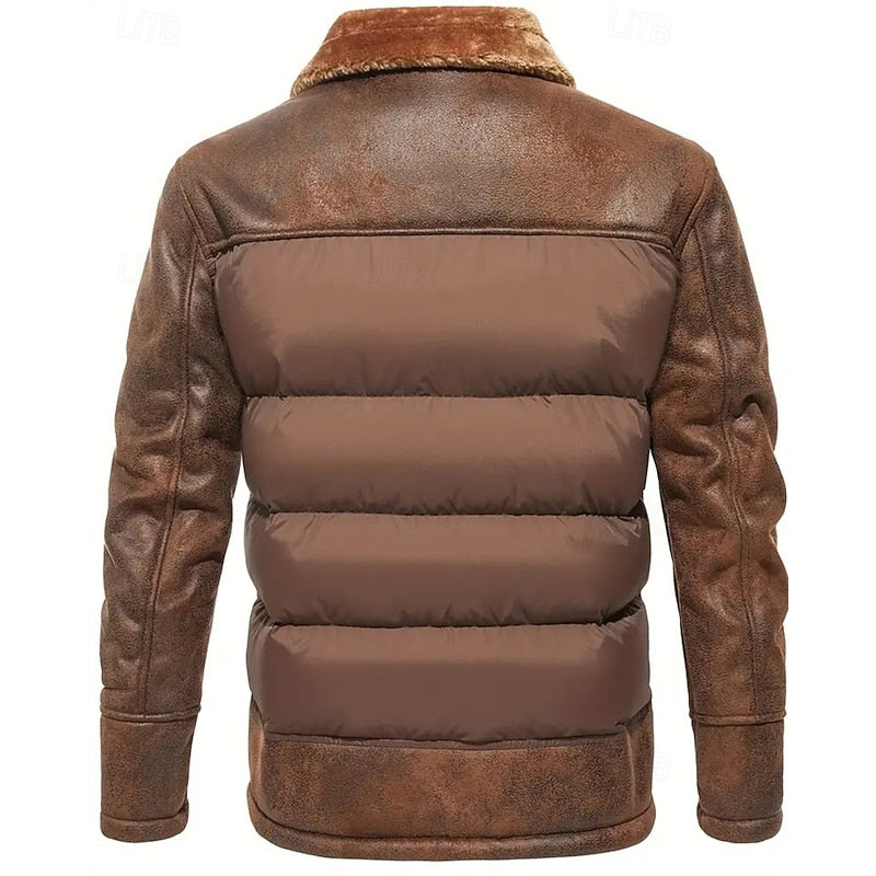 Men's Puffer Jacket Faux Fur Collar Brown Insulated Winter Coat – Casual, Holiday, Gift