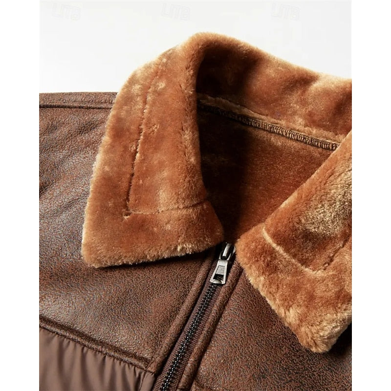 Men's Puffer Jacket Faux Fur Collar Brown Insulated Winter Coat – Casual, Holiday, Gift