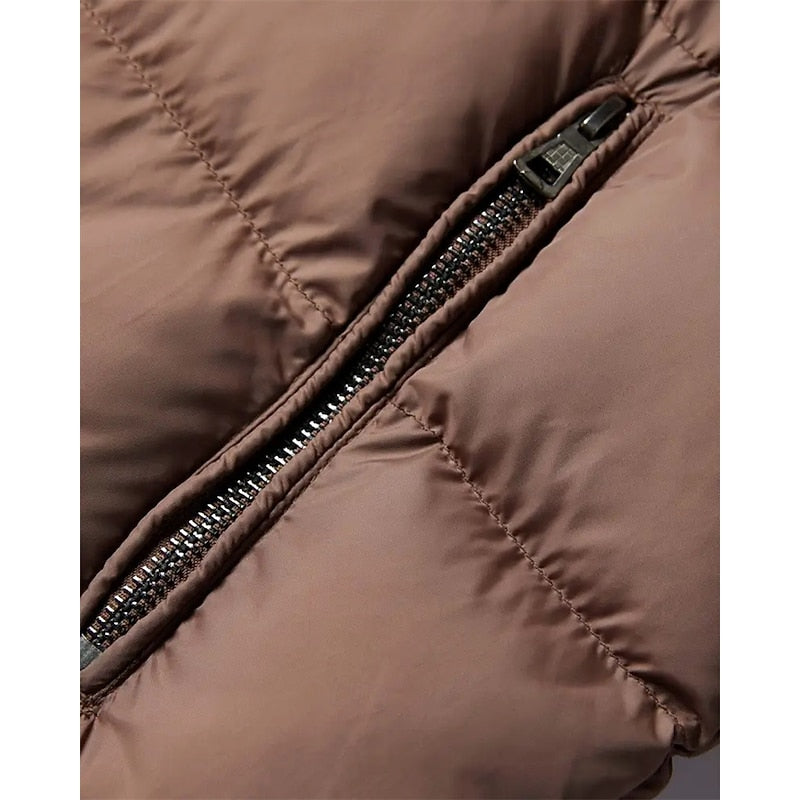 Men's Puffer Jacket Faux Fur Collar Brown Insulated Winter Coat – Casual, Holiday, Gift