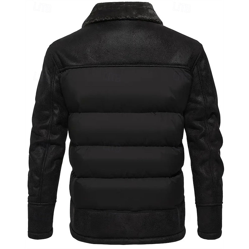 Men's Puffer Jacket Faux Fur Collar Brown Insulated Winter Coat – Casual, Holiday, Gift