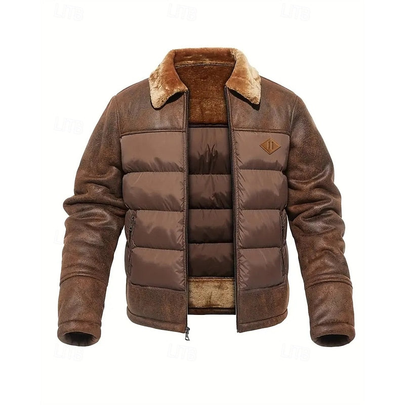Men's Puffer Jacket Faux Fur Collar Brown Insulated Winter Coat – Casual, Holiday, Gift