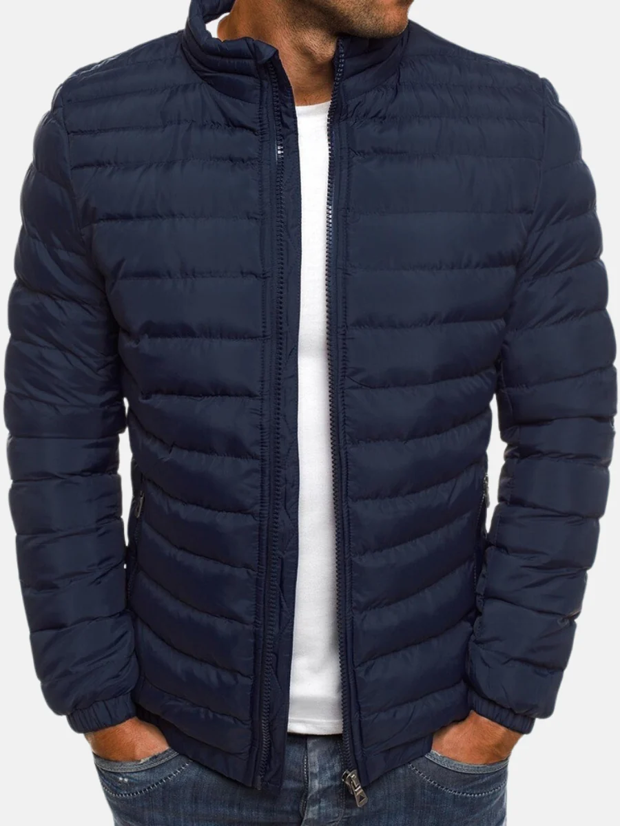 Men's Quilted Puffer Jacket Black Full Zip Stand Collar – Casual, Winter Outdoor Warmth