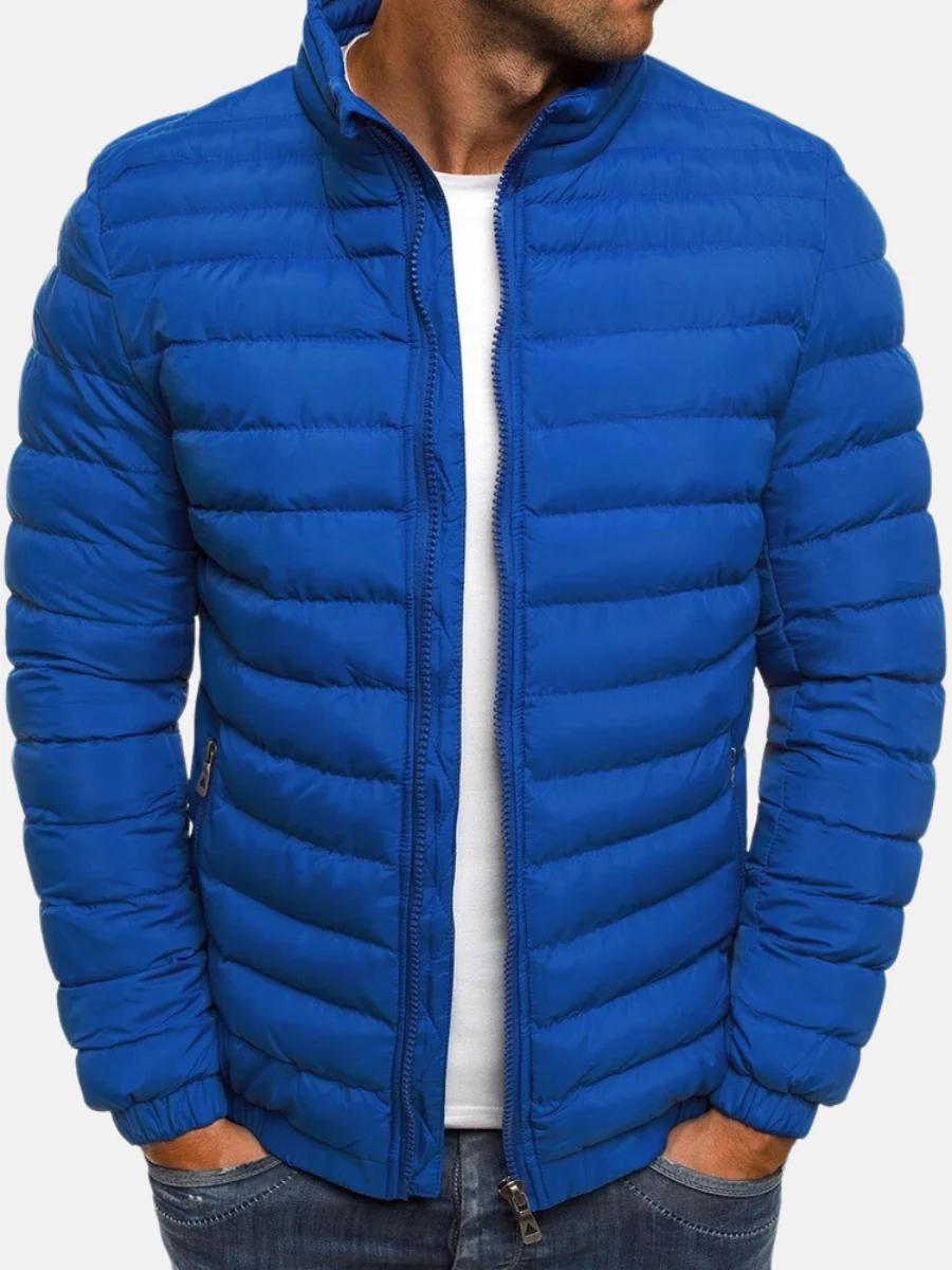 Men's Quilted Puffer Jacket Black Full Zip Stand Collar – Casual, Winter Outdoor Warmth