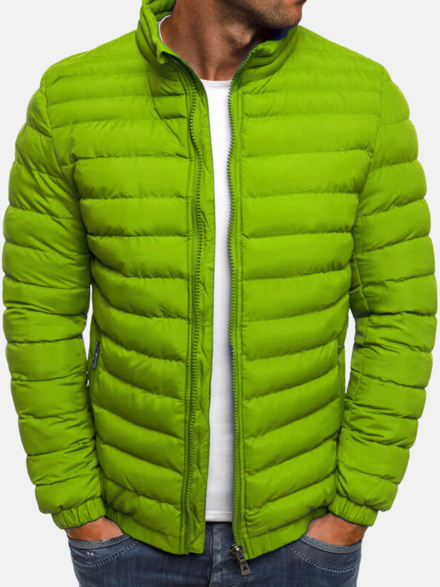 Men's Quilted Puffer Jacket Black Full Zip Stand Collar – Casual, Winter Outdoor Warmth