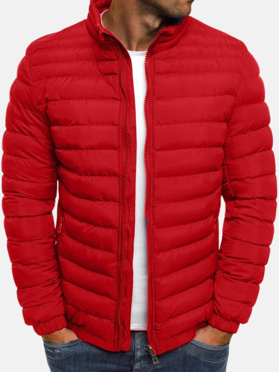 Men's Quilted Puffer Jacket Black Full Zip Stand Collar – Casual, Winter Outdoor Warmth