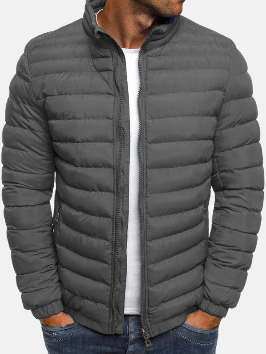 Men's Quilted Puffer Jacket Black Full Zip Stand Collar – Casual, Winter Outdoor Warmth
