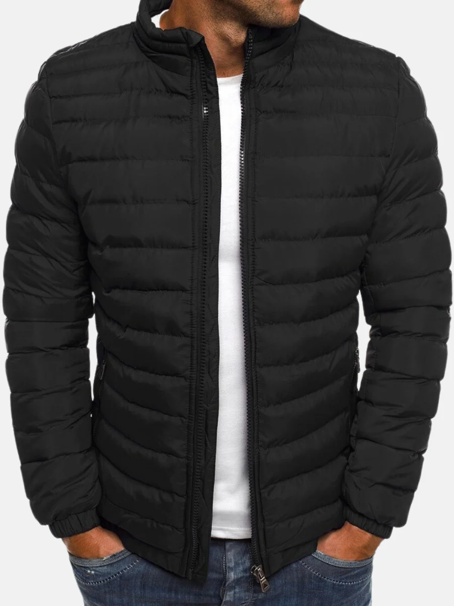 Men's Quilted Puffer Jacket Black Full Zip Stand Collar – Casual, Winter Outdoor Warmth