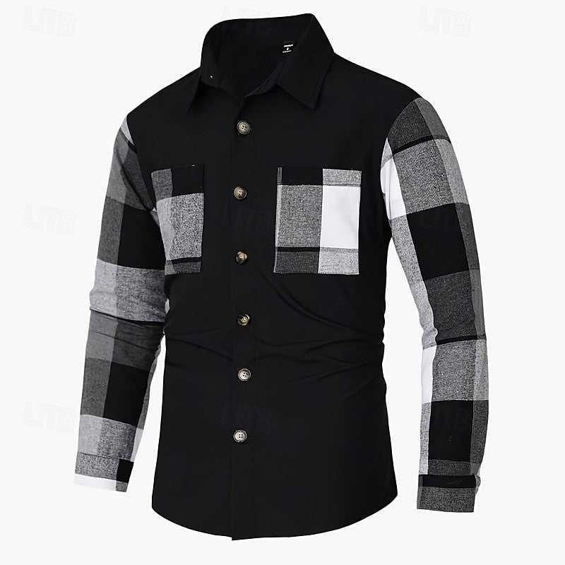 Men's Shirt Jacket Black Plaid Patchwork Long Sleeve Button-Up Overshirt – Casual, Office
