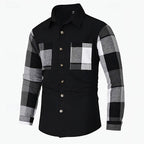 Men's Shirt Jacket Black Plaid Patchwork Long Sleeve Button-Up Overshirt – Casual, Office