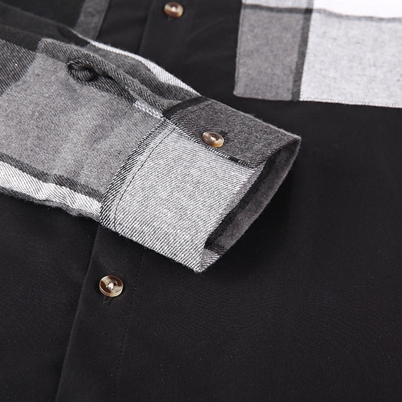 Men's Shirt Jacket Black Plaid Patchwork Long Sleeve Button-Up Overshirt – Casual, Office