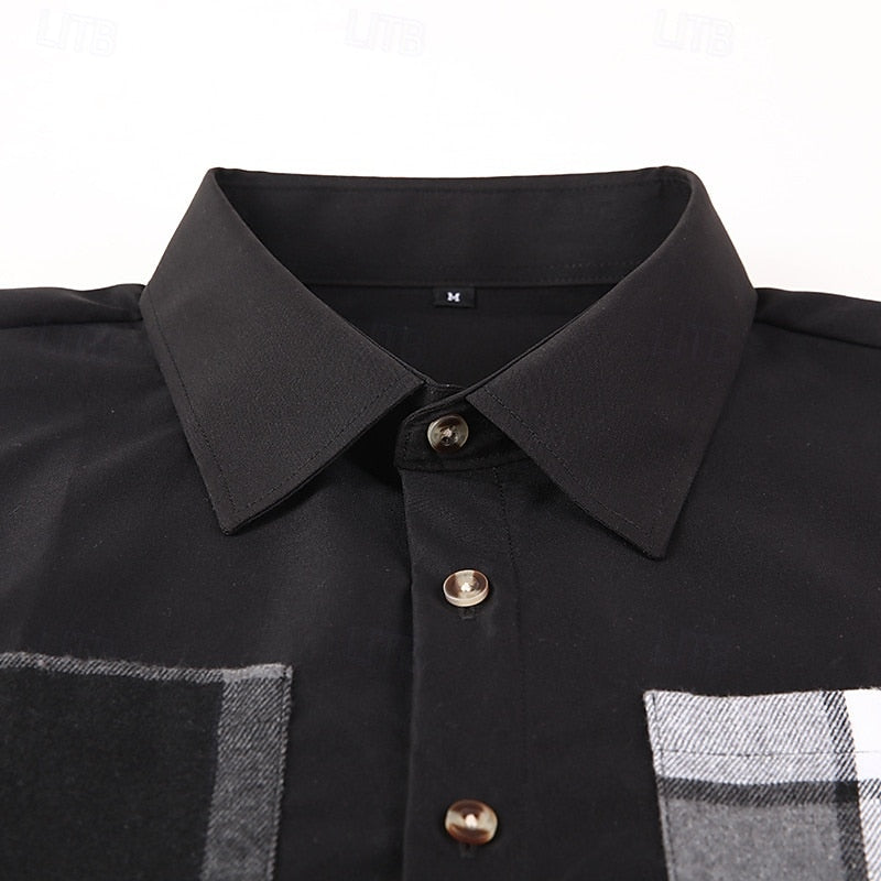 Men's Shirt Jacket Black Plaid Patchwork Long Sleeve Button-Up Overshirt – Casual, Office