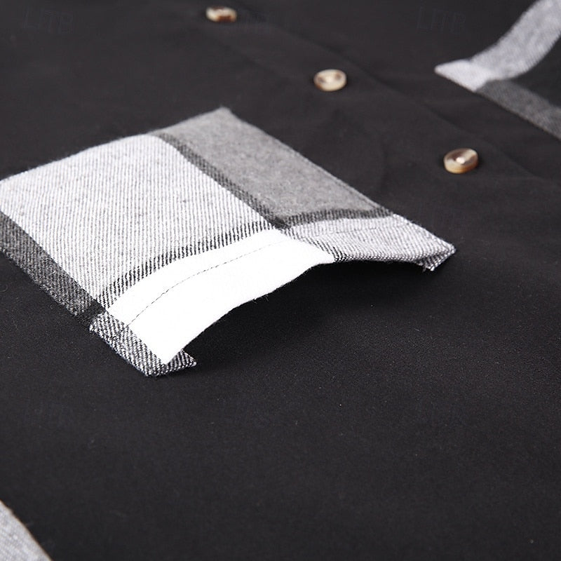 Men's Shirt Jacket Black Plaid Patchwork Long Sleeve Button-Up Overshirt – Casual, Office