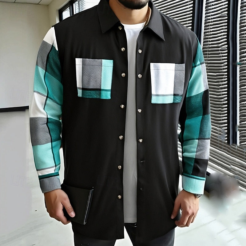 Men's Shirt Jacket Black Plaid Patchwork Long Sleeve Button-Up Overshirt – Casual, Office