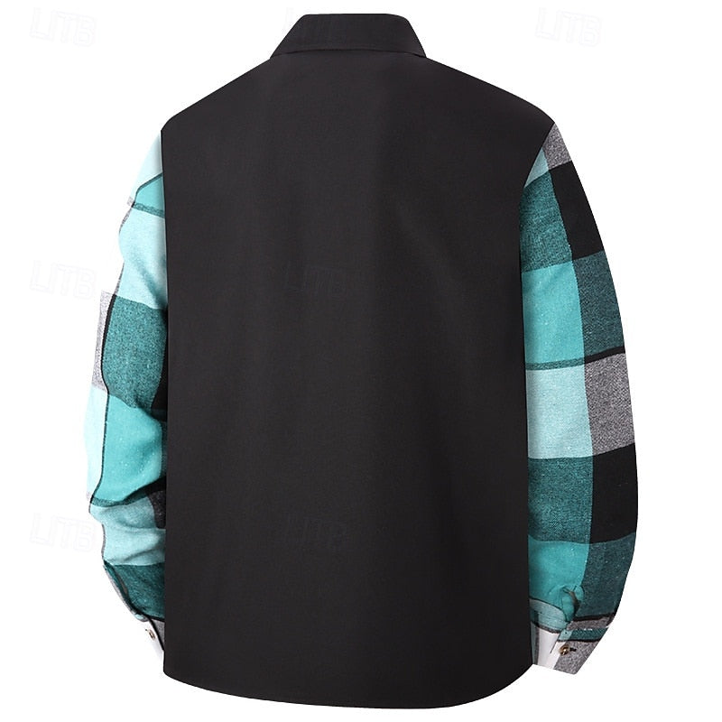 Men's Shirt Jacket Black Plaid Patchwork Long Sleeve Button-Up Overshirt – Casual, Office