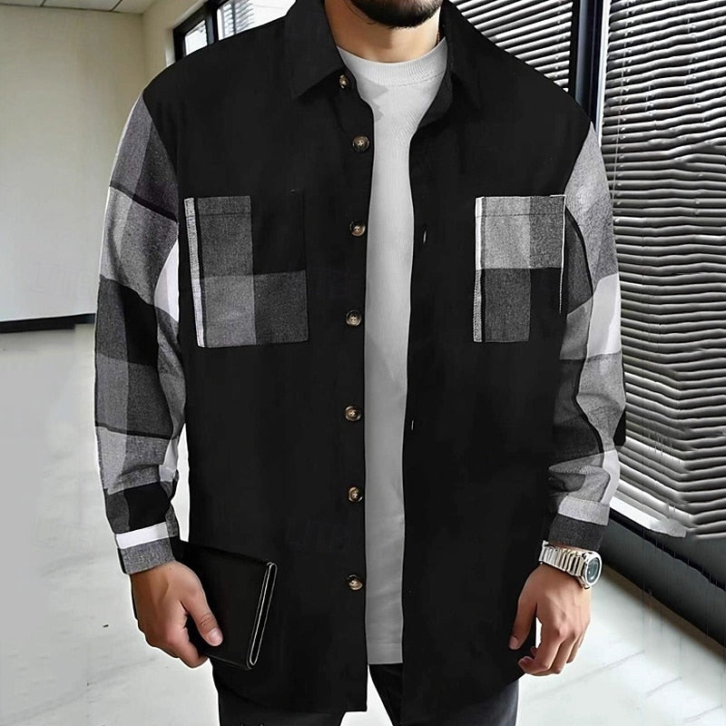 Men's Shirt Jacket Black Plaid Patchwork Long Sleeve Button-Up Overshirt – Casual, Office