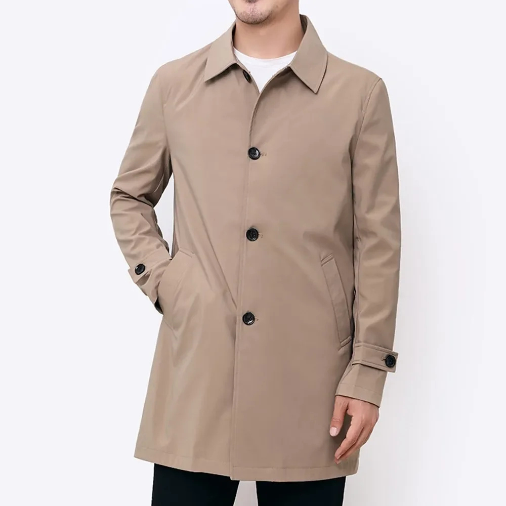 Men's Trench Coat Button-Front Black Mid-Length Jacket with Collar – Office, Casual, Gift
