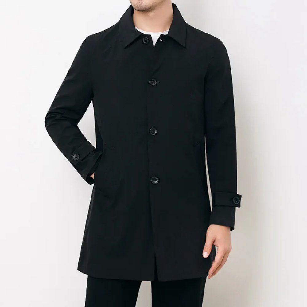 Men's Trench Coat Button-Front Black Mid-Length Jacket with Collar – Office, Casual, Gift