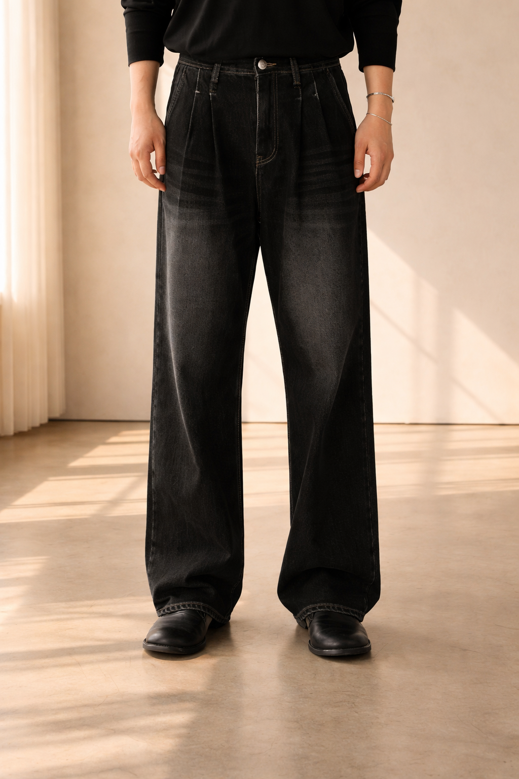 Men's Wide-Leg Jeans | Pleated Front-Faylori
