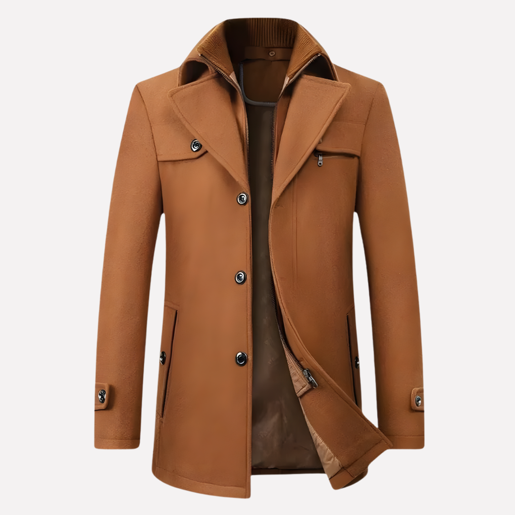 Men's Wool-Blend Coat Notched Collar Camel with Zip Insert – Office, Casual, Winter, Gift