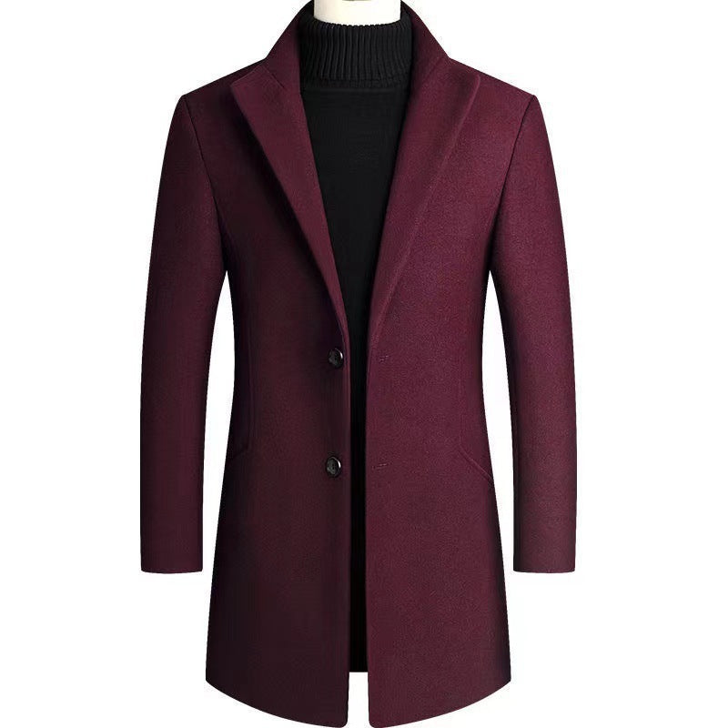 Men's Wool Blend Overcoat Black Notch Lapel Two-Button Long Trench Coat – Office, Casual, Winter, Gift