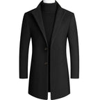 Men's Wool Blend Overcoat Black Notch Lapel Two-Button Long Trench Coat – Office, Casual, Winter, Gift